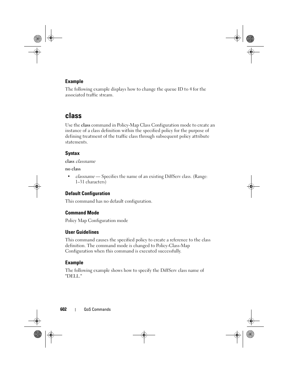 Example, Class, Syntax | Default configuration, Command mode, User guidelines | Dell POWEREDGE M1000E User Manual | Page 602 / 1682