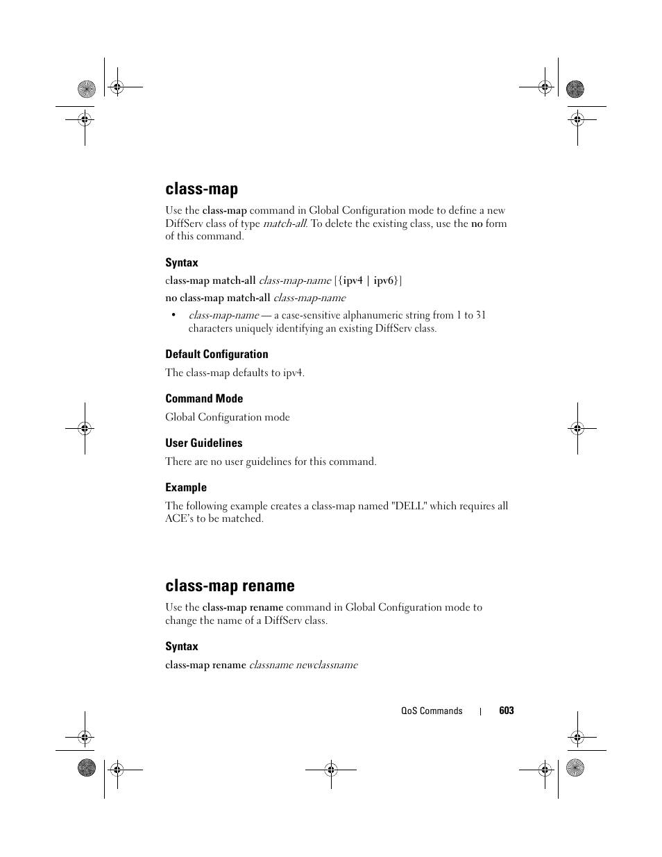 Class-map, Syntax, Default configuration | Command mode, User guidelines, Example, Class-map rename | Dell POWEREDGE M1000E User Manual | Page 603 / 1682