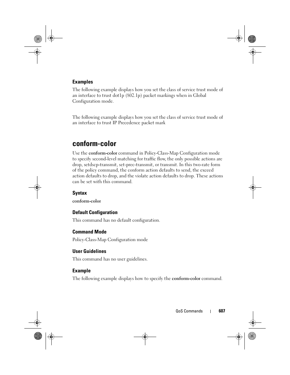 Examples, Conform-color, Syntax | Default configuration, Command mode, User guidelines, Example | Dell POWEREDGE M1000E User Manual | Page 607 / 1682