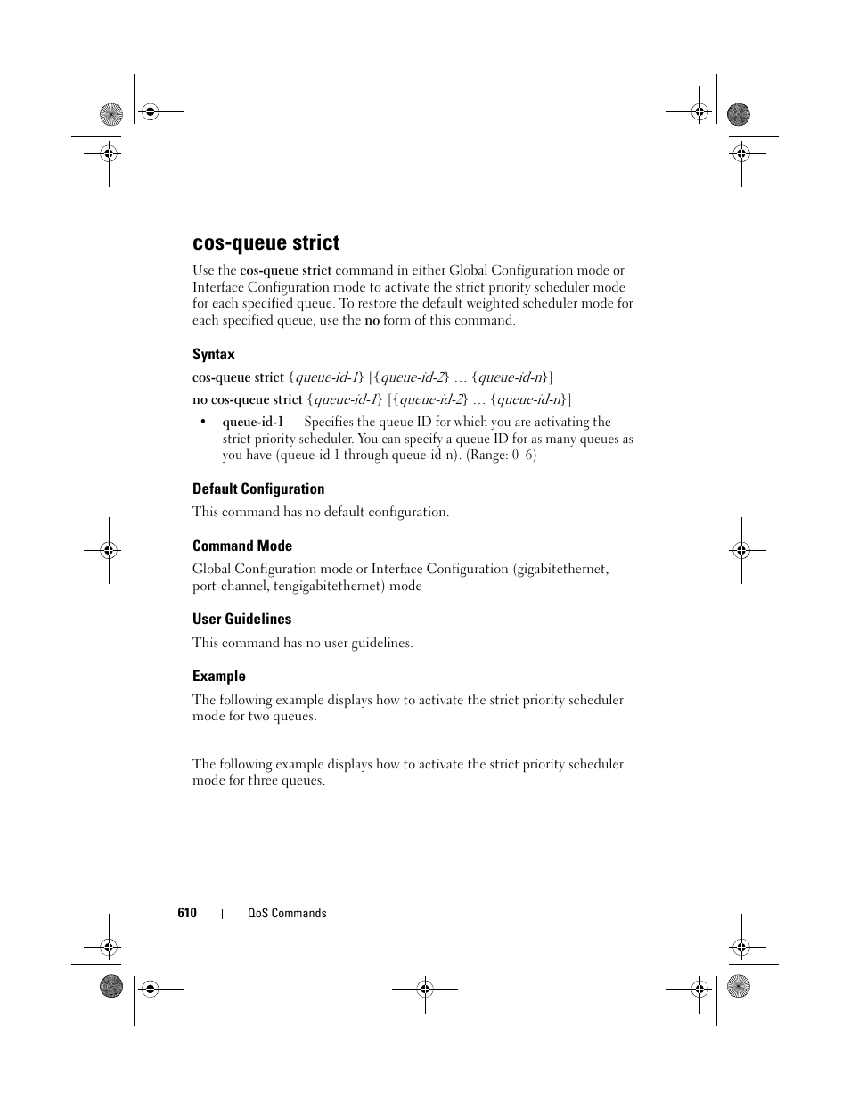 Cos-queue strict, Syntax, Default configuration | Command mode, User guidelines, Example | Dell POWEREDGE M1000E User Manual | Page 610 / 1682