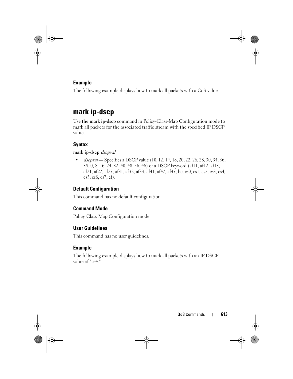 Example, Mark ip-dscp, Syntax | Default configuration, Command mode, User guidelines | Dell POWEREDGE M1000E User Manual | Page 613 / 1682