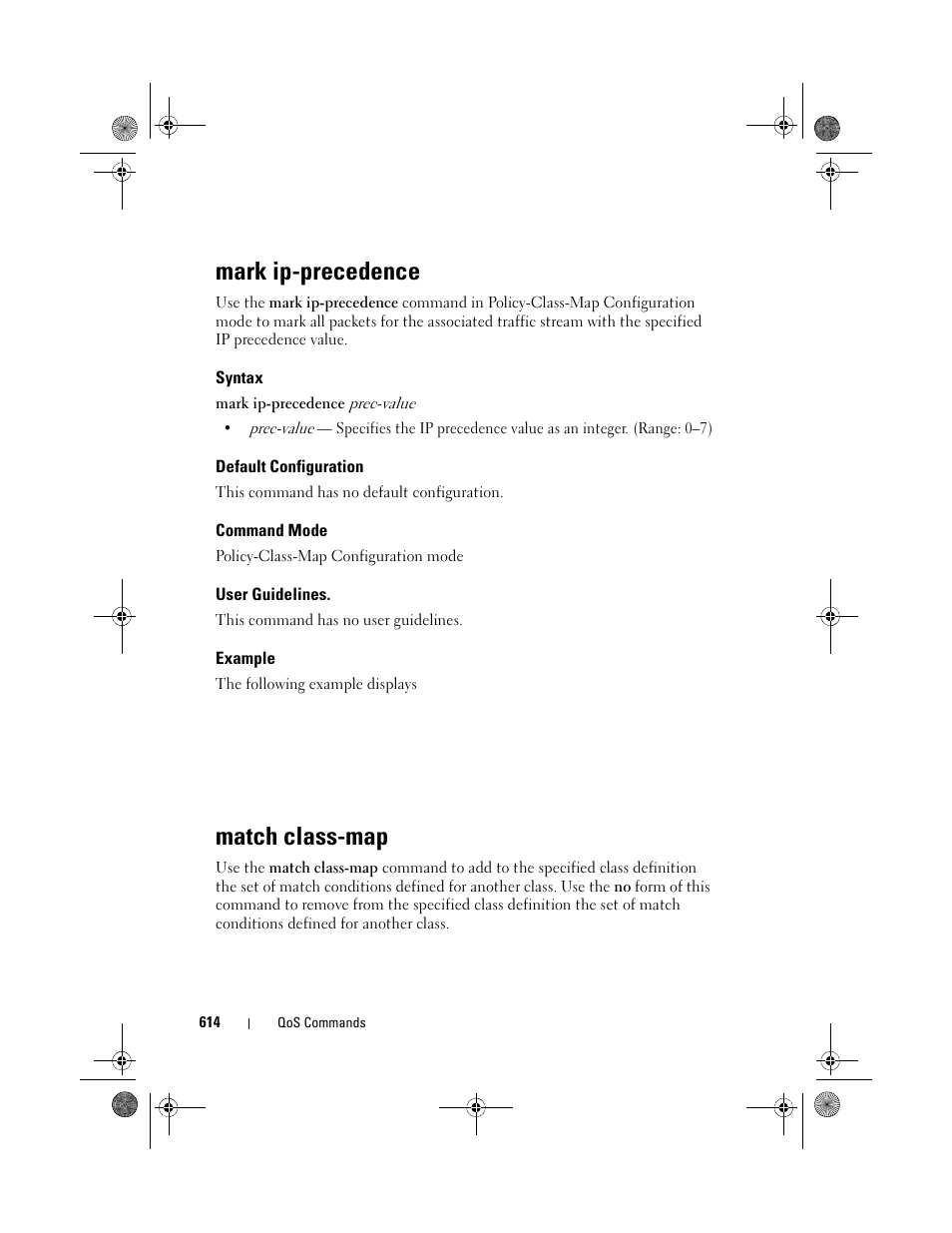 Mark ip-precedence, Syntax, Default configuration | Command mode, User guidelines, Example, Match class-map, Mark ip, Precedence | Dell POWEREDGE M1000E User Manual | Page 614 / 1682