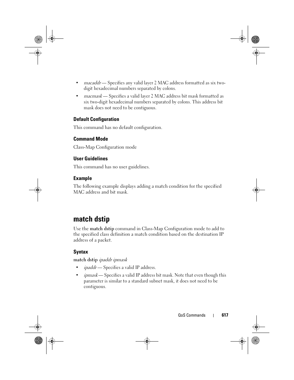 Default configuration, Command mode, User guidelines | Example, Match dstip, Syntax | Dell POWEREDGE M1000E User Manual | Page 617 / 1682