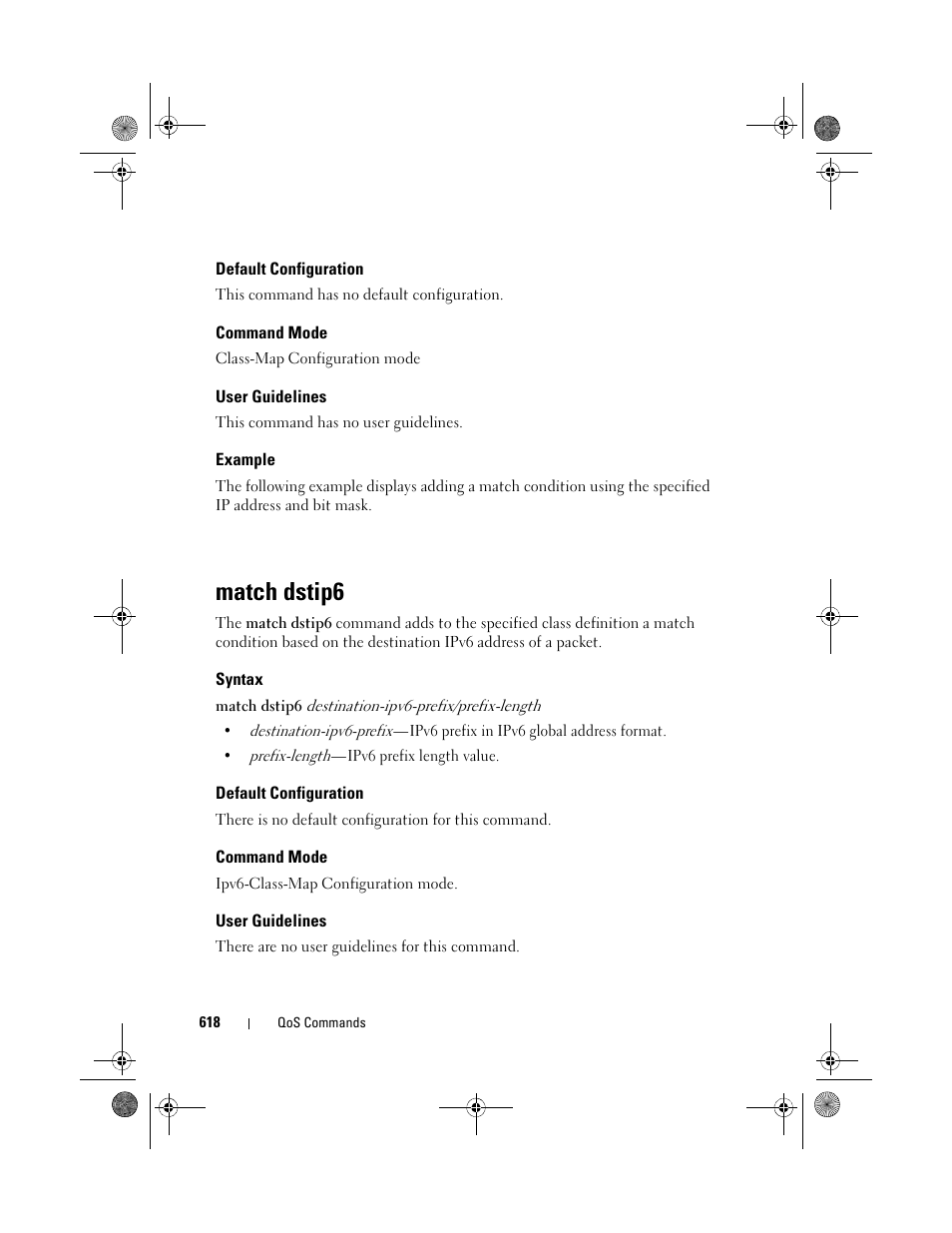 Default configuration, Command mode, User guidelines | Example, Match dstip6, Syntax | Dell POWEREDGE M1000E User Manual | Page 618 / 1682