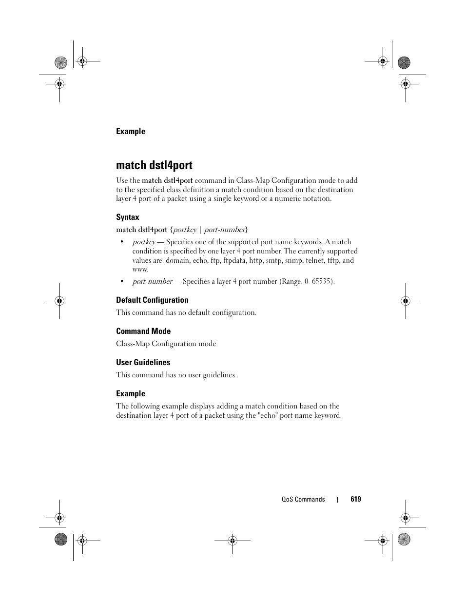 Example, Match dstl4port, Syntax | Default configuration, Command mode, User guidelines | Dell POWEREDGE M1000E User Manual | Page 619 / 1682