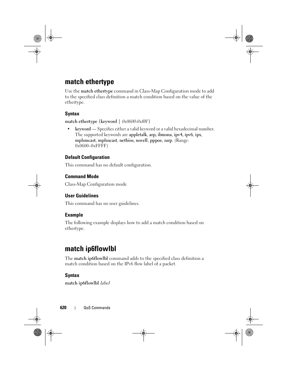 Match ethertype, Syntax, Default configuration | Command mode, User guidelines, Example, Match ip6flowlbl | Dell POWEREDGE M1000E User Manual | Page 620 / 1682