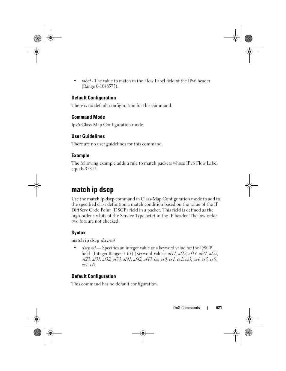 Default configuration, Command mode, User guidelines | Example, Match ip dscp, Syntax | Dell POWEREDGE M1000E User Manual | Page 621 / 1682