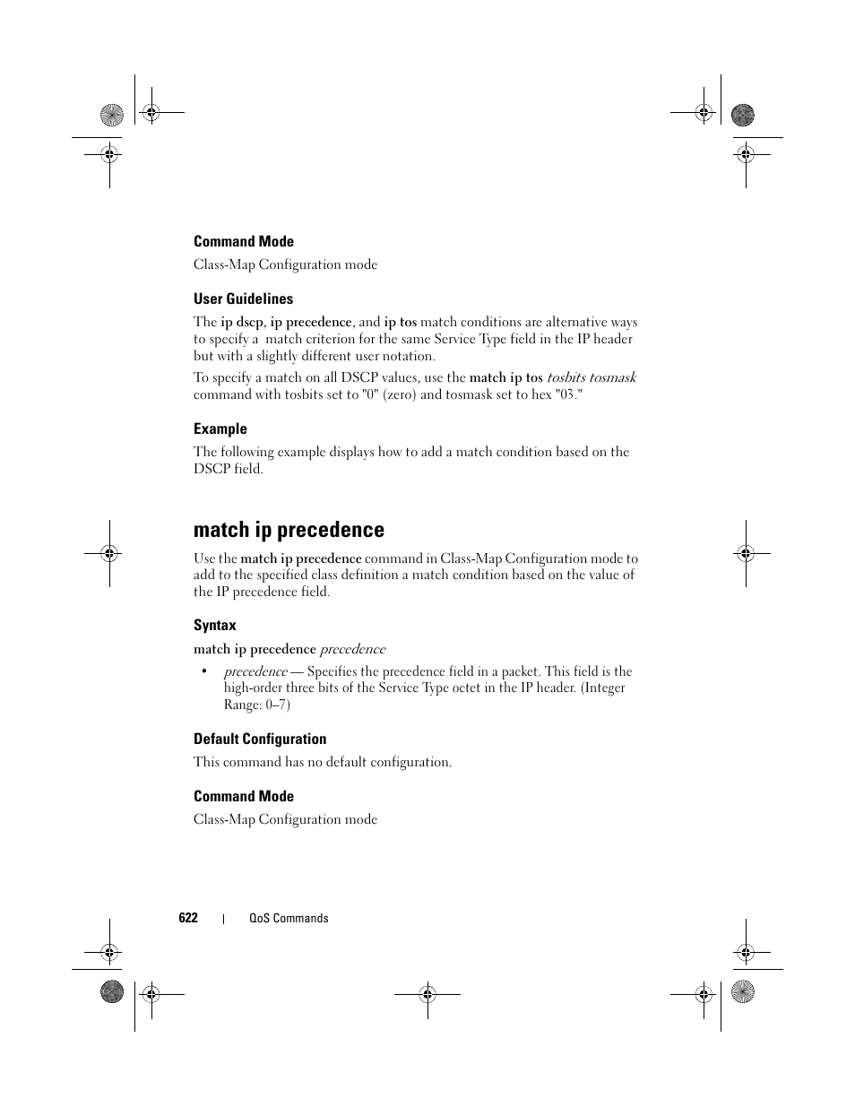 Command mode, User guidelines, Example | Match ip precedence, Syntax, Default configuration, Match ip, Precedence | Dell POWEREDGE M1000E User Manual | Page 622 / 1682