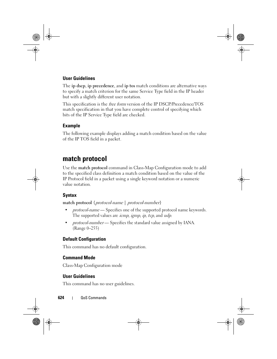 User guidelines, Example, Match protocol | Syntax, Default configuration, Command mode | Dell POWEREDGE M1000E User Manual | Page 624 / 1682