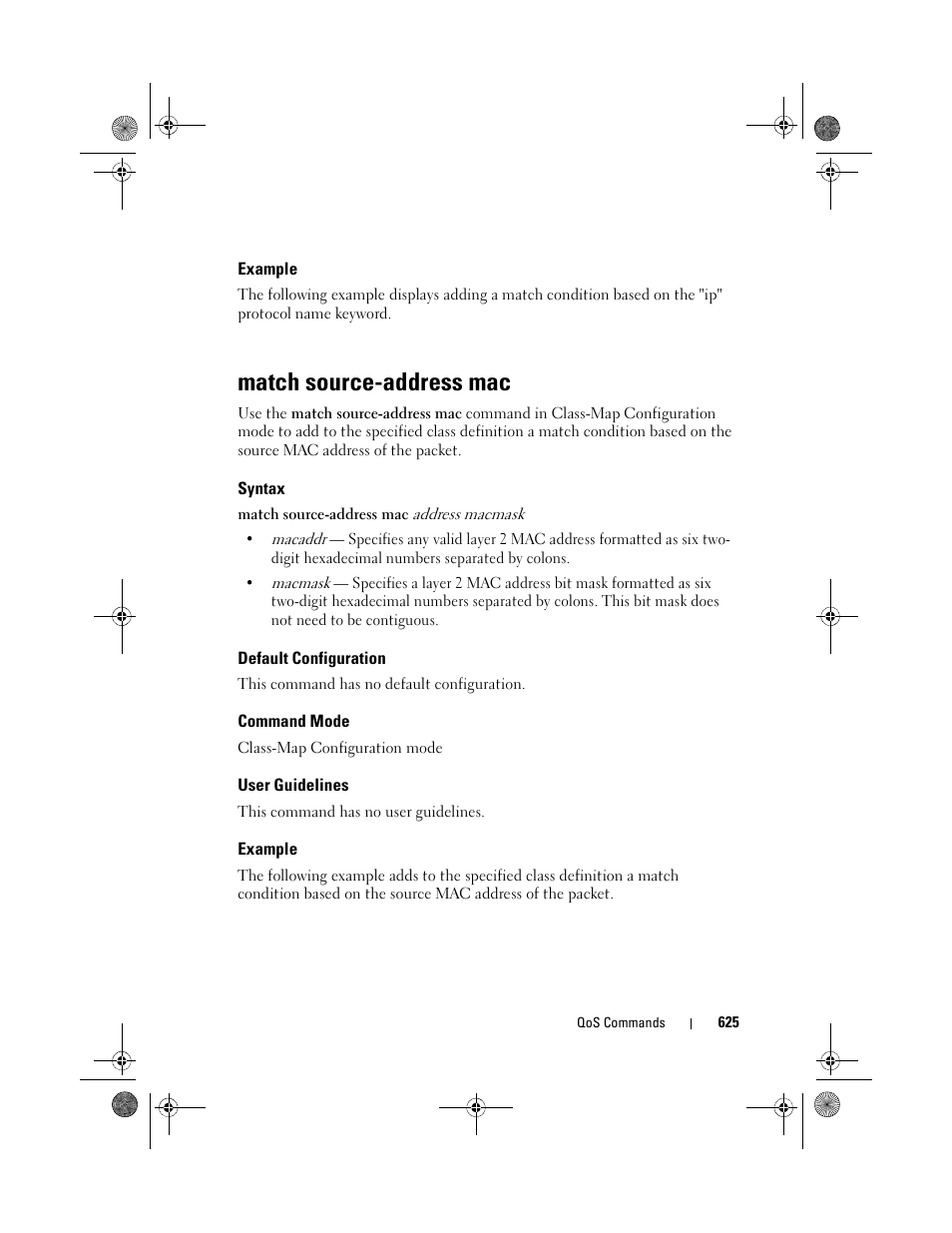 Example, Match source-address mac, Syntax | Default configuration, Command mode, User guidelines, Match source, Address mac | Dell POWEREDGE M1000E User Manual | Page 625 / 1682