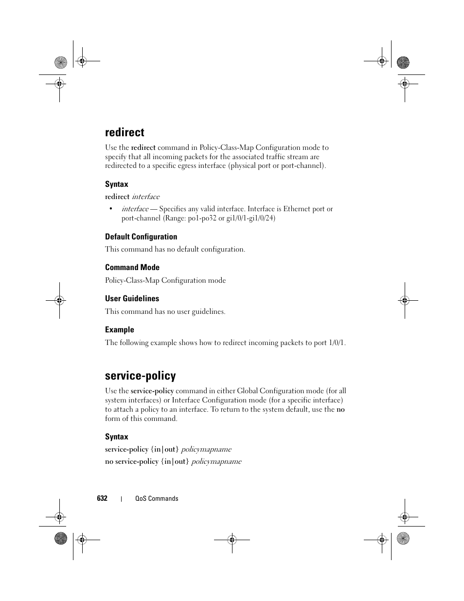 Redirect, Syntax, Default configuration | Command mode, User guidelines, Example, Service-policy | Dell POWEREDGE M1000E User Manual | Page 632 / 1682