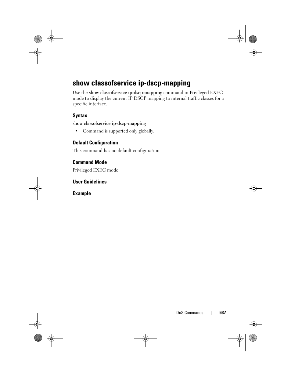 Show classofservice ip-dscp-mapping, Syntax, Default configuration | Command mode, User guidelines, Example, Show classofservice ip, Dscp-mapping | Dell POWEREDGE M1000E User Manual | Page 637 / 1682