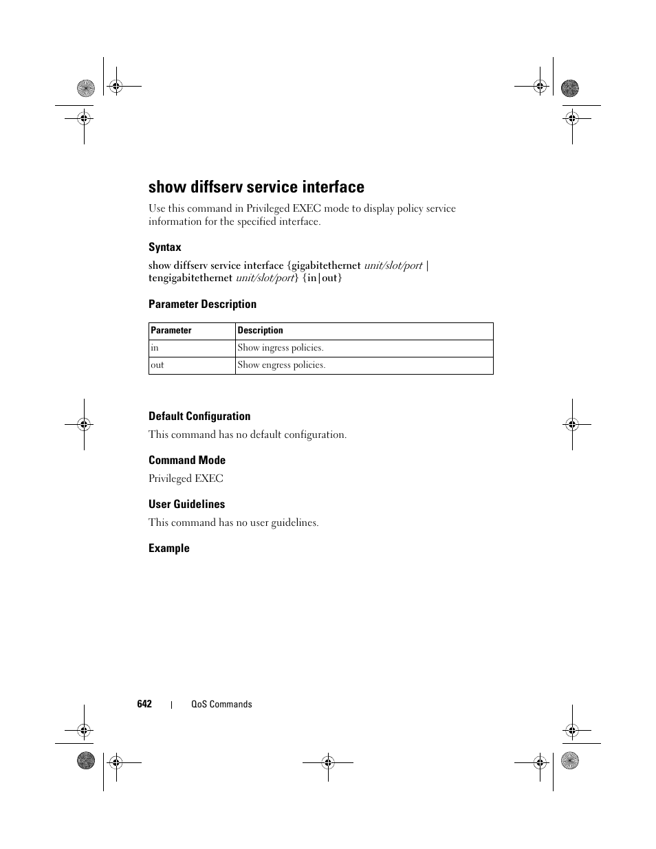 Show diffserv service interface, Syntax, Parameter description | Default configuration, Command mode, User guidelines, Example, Show diffserv service, Interface | Dell POWEREDGE M1000E User Manual | Page 642 / 1682