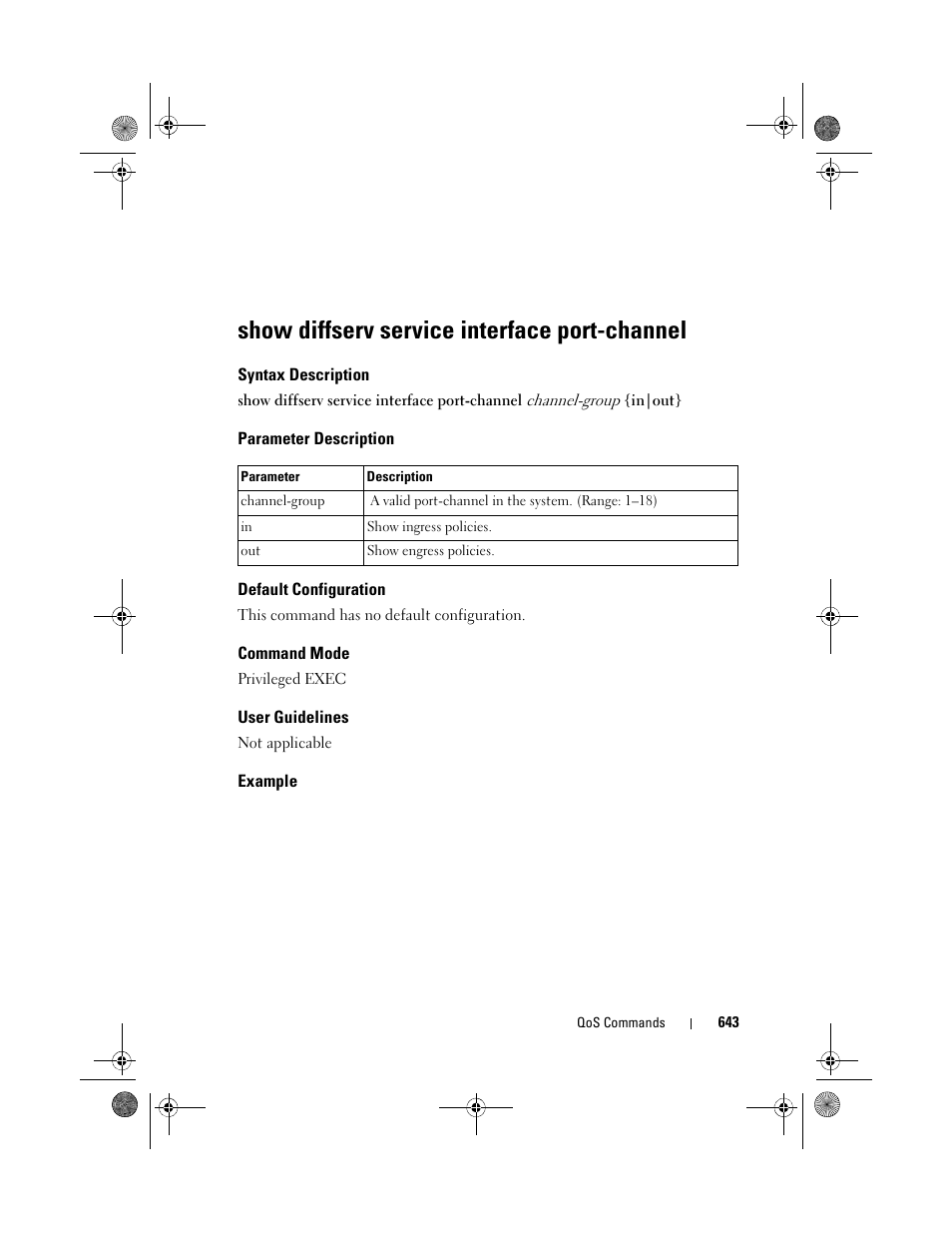 Show diffserv service interface port-channel, Syntax description, Parameter description | Default configuration, Command mode, User guidelines, Example, Show diffserv service, Interface port-channel | Dell POWEREDGE M1000E User Manual | Page 643 / 1682