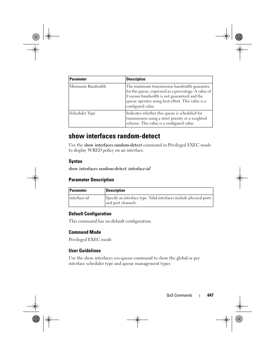 Show interfaces random-detect, Syntax, Parameter description | Default configuration, Command mode, User guidelines, Show interfaces, Random-detect | Dell POWEREDGE M1000E User Manual | Page 647 / 1682