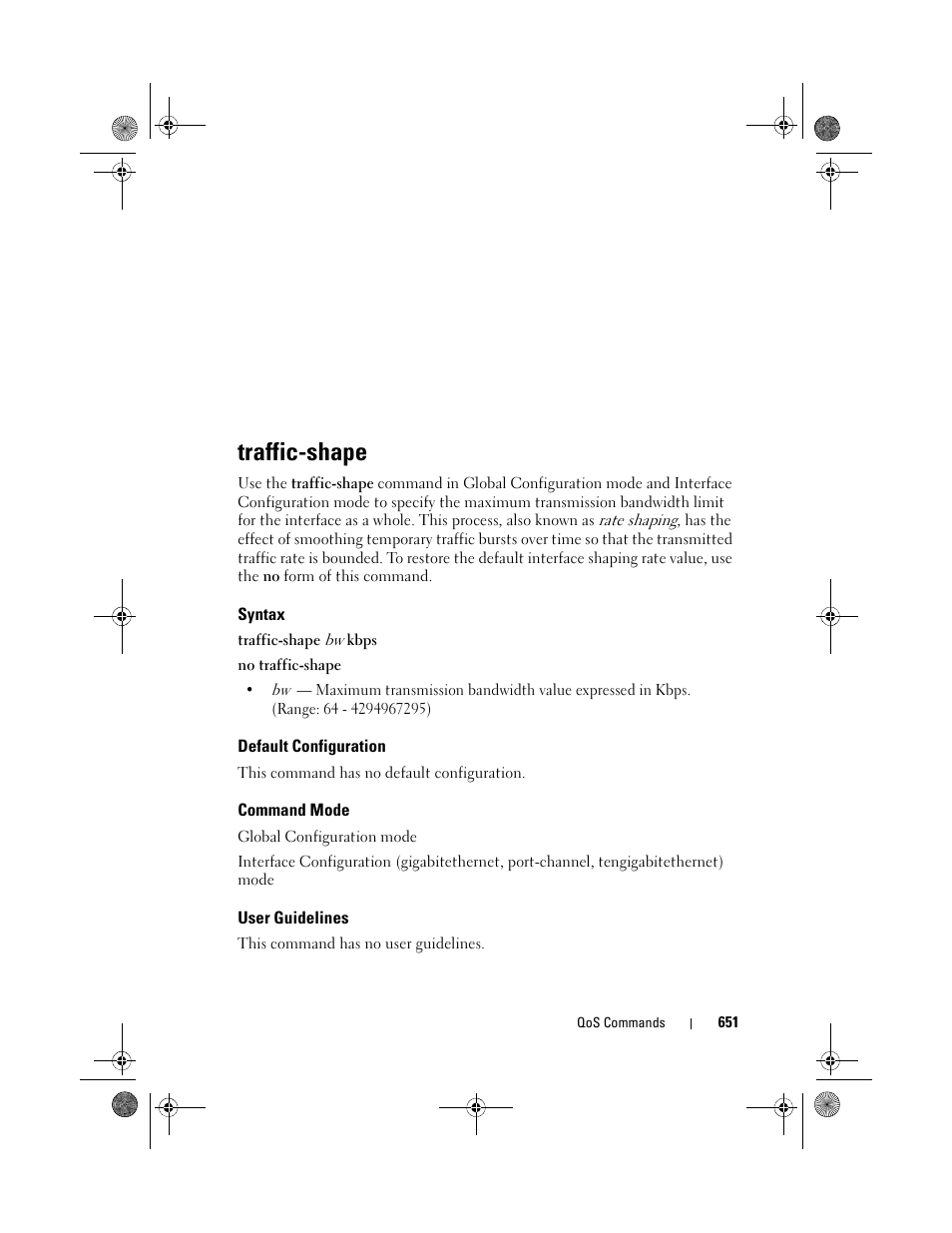 Traffic-shape, Syntax, Default configuration | Command mode, User guidelines | Dell POWEREDGE M1000E User Manual | Page 651 / 1682