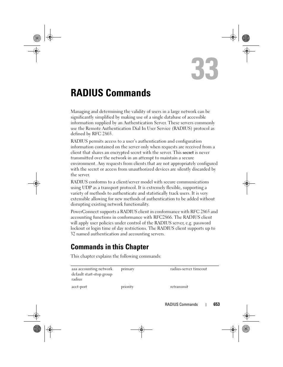 Radius commands, Commands in this chapter | Dell POWEREDGE M1000E User Manual | Page 653 / 1682