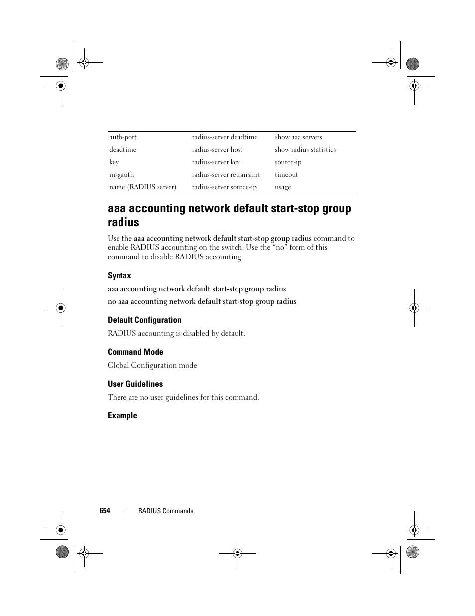 Syntax, Default configuration, Command mode | User guidelines, Example, Aaa accounting network default start-stop, Aaa accounting network, Default start-stop group, Radius | Dell POWEREDGE M1000E User Manual | Page 654 / 1682