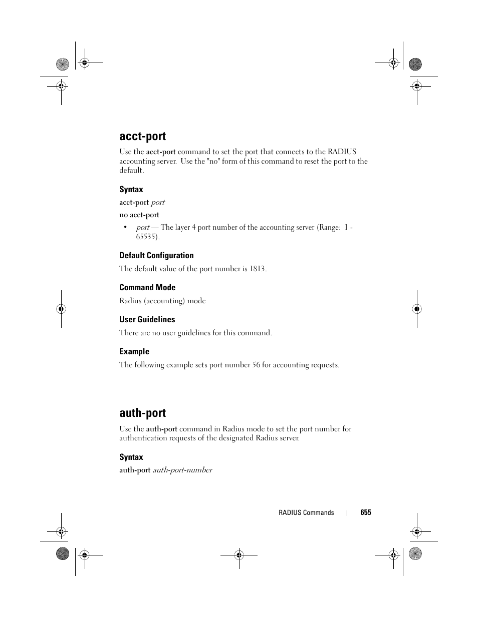 Acct-port, Syntax, Default configuration | Command mode, User guidelines, Example, Auth-port | Dell POWEREDGE M1000E User Manual | Page 655 / 1682