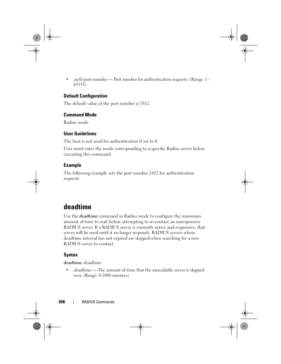 Default configuration, Command mode, User guidelines | Example, Deadtime, Syntax | Dell POWEREDGE M1000E User Manual | Page 656 / 1682