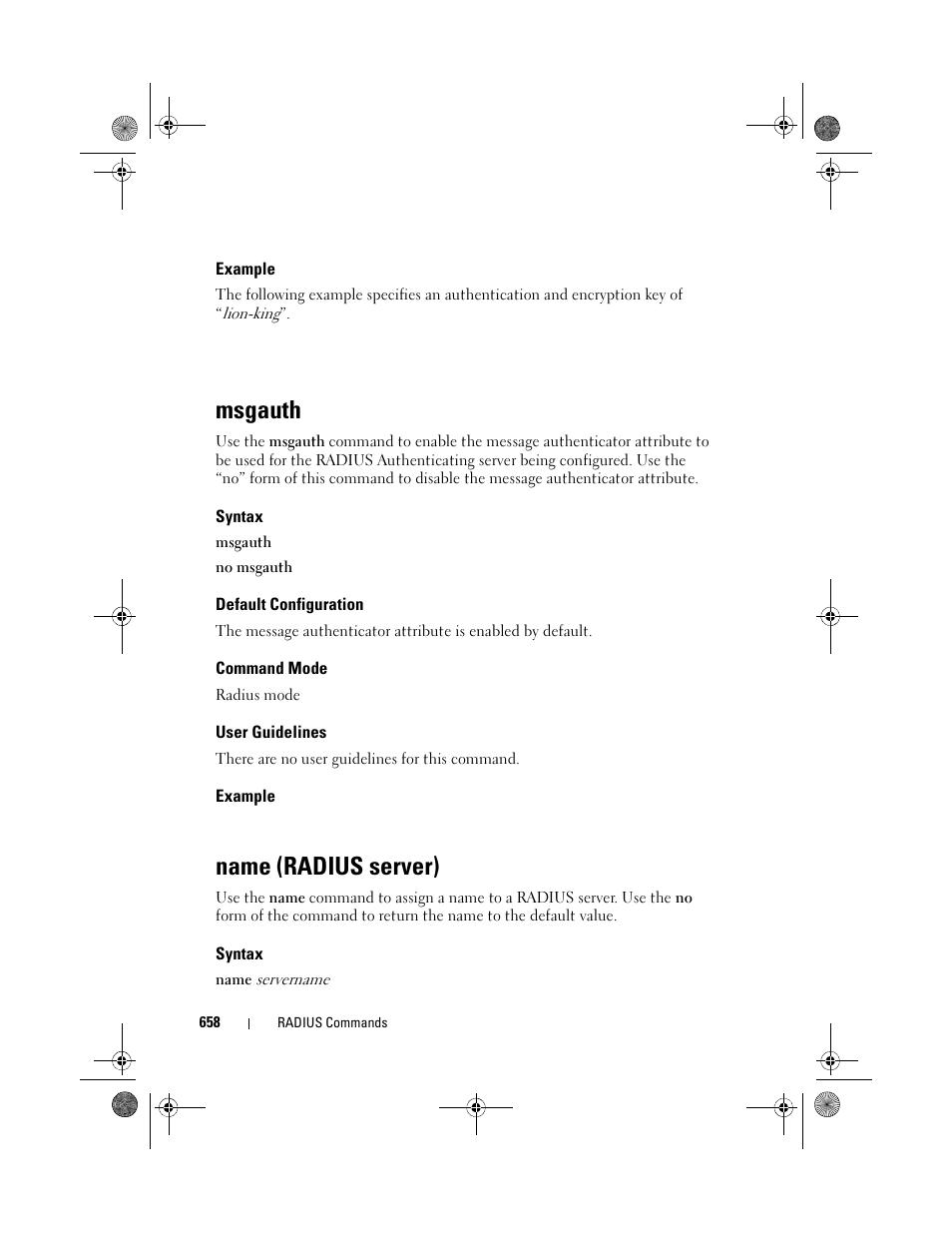 Example, Msgauth, Syntax | Default configuration, Command mode, User guidelines, Name (radius server) | Dell POWEREDGE M1000E User Manual | Page 658 / 1682