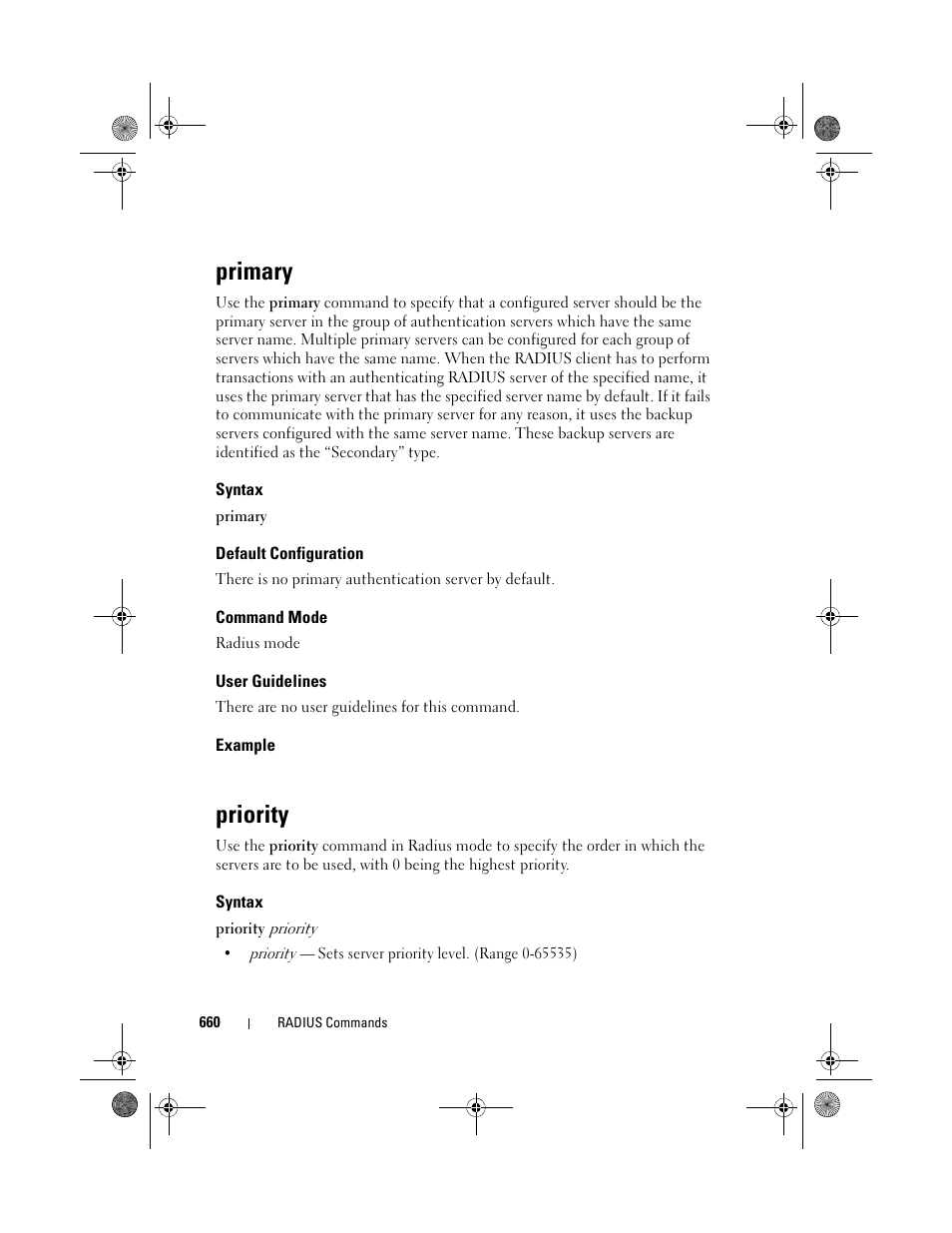 Primary, Syntax, Default configuration | Command mode, User guidelines, Example, Priority | Dell POWEREDGE M1000E User Manual | Page 660 / 1682