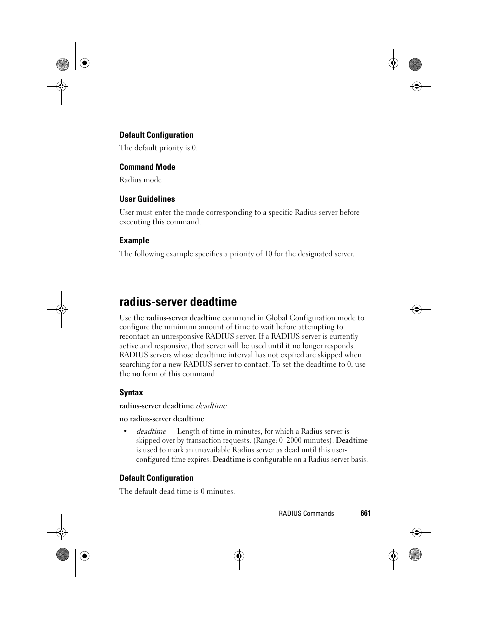 Default configuration, Command mode, User guidelines | Example, Radius-server deadtime, Syntax | Dell POWEREDGE M1000E User Manual | Page 661 / 1682