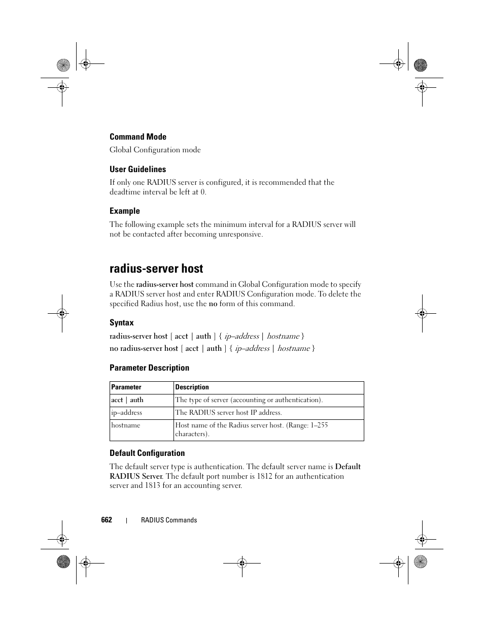 Command mode, User guidelines, Example | Radius-server host, Syntax, Parameter description, Default configuration | Dell POWEREDGE M1000E User Manual | Page 662 / 1682