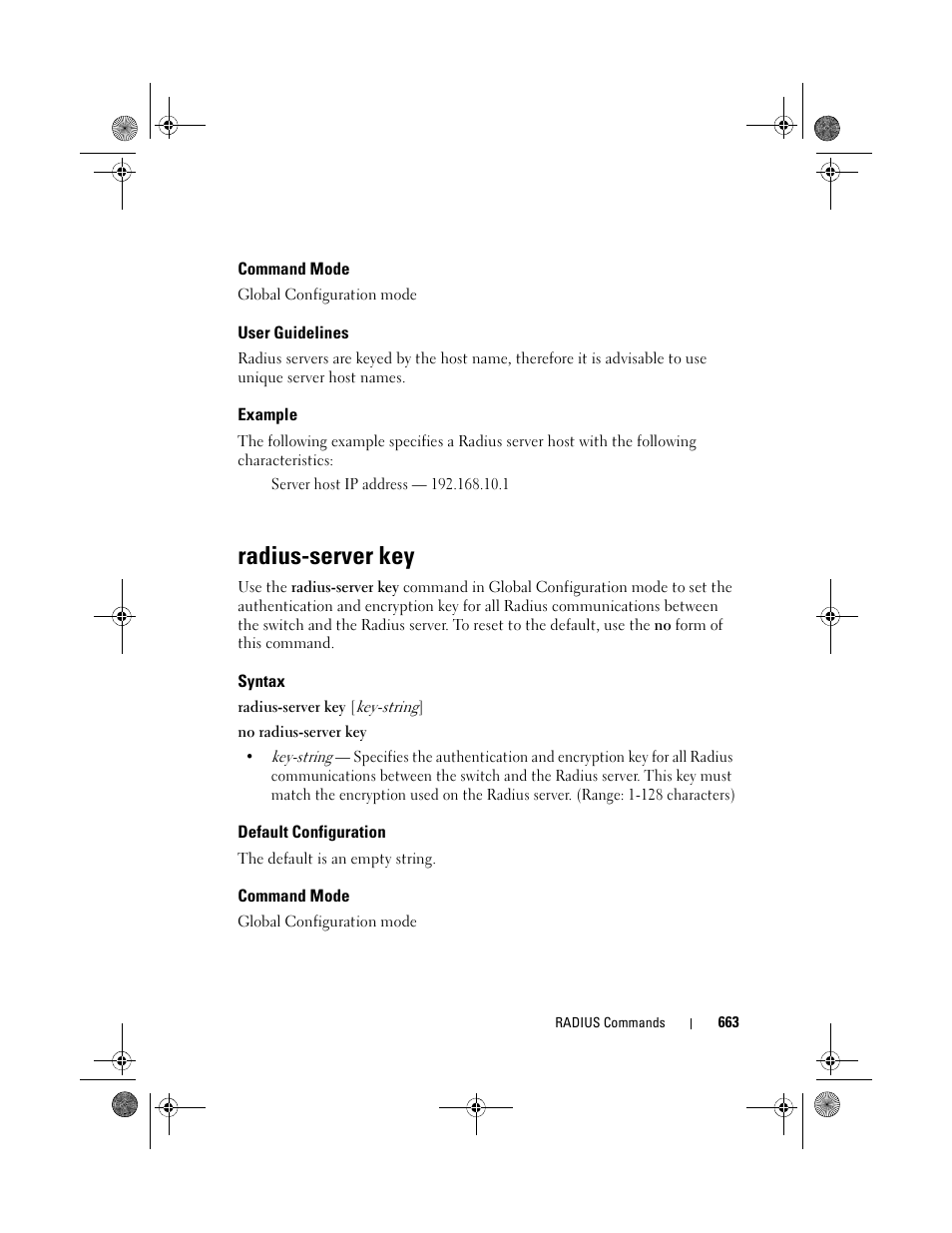 Command mode, User guidelines, Example | Radius-server key, Syntax, Default configuration | Dell POWEREDGE M1000E User Manual | Page 663 / 1682