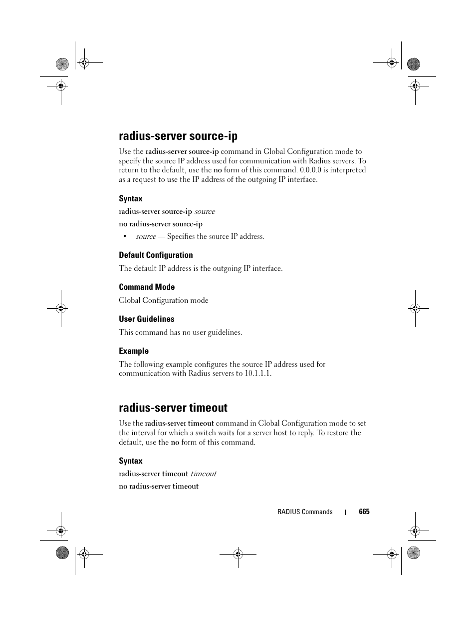 Radius-server source-ip, Syntax, Default configuration | Command mode, User guidelines, Example, Radius-server timeout | Dell POWEREDGE M1000E User Manual | Page 665 / 1682