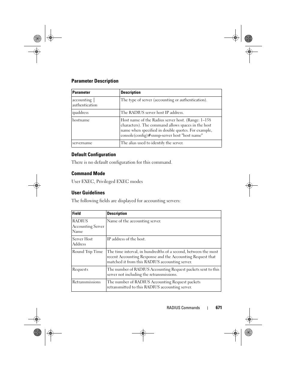 Parameter description, Default configuration, Command mode | User guidelines | Dell POWEREDGE M1000E User Manual | Page 671 / 1682