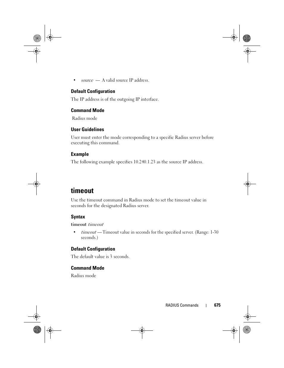 Default configuration, Command mode, User guidelines | Example, Timeout, Syntax | Dell POWEREDGE M1000E User Manual | Page 675 / 1682