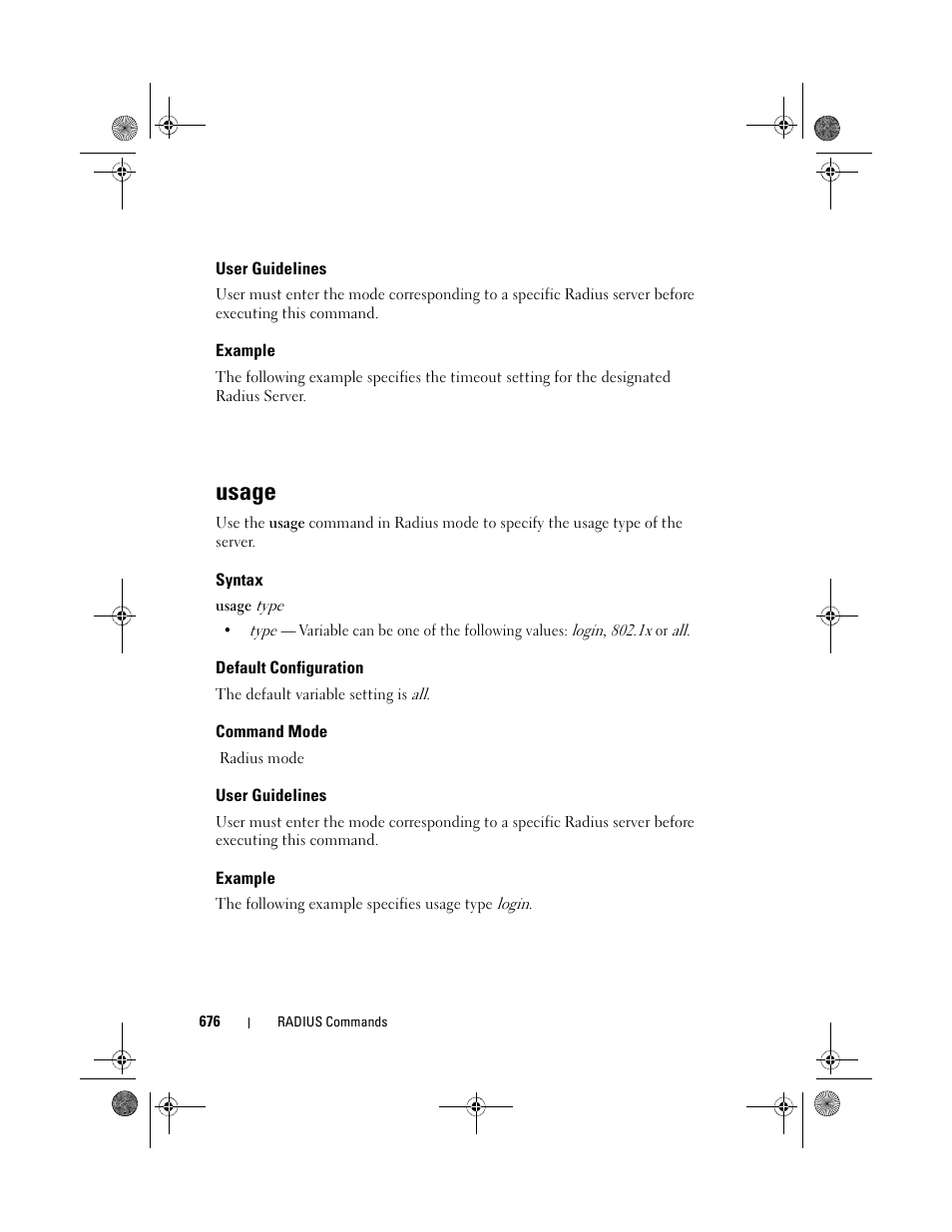 User guidelines, Example, Usage | Syntax, Default configuration, Command mode | Dell POWEREDGE M1000E User Manual | Page 676 / 1682