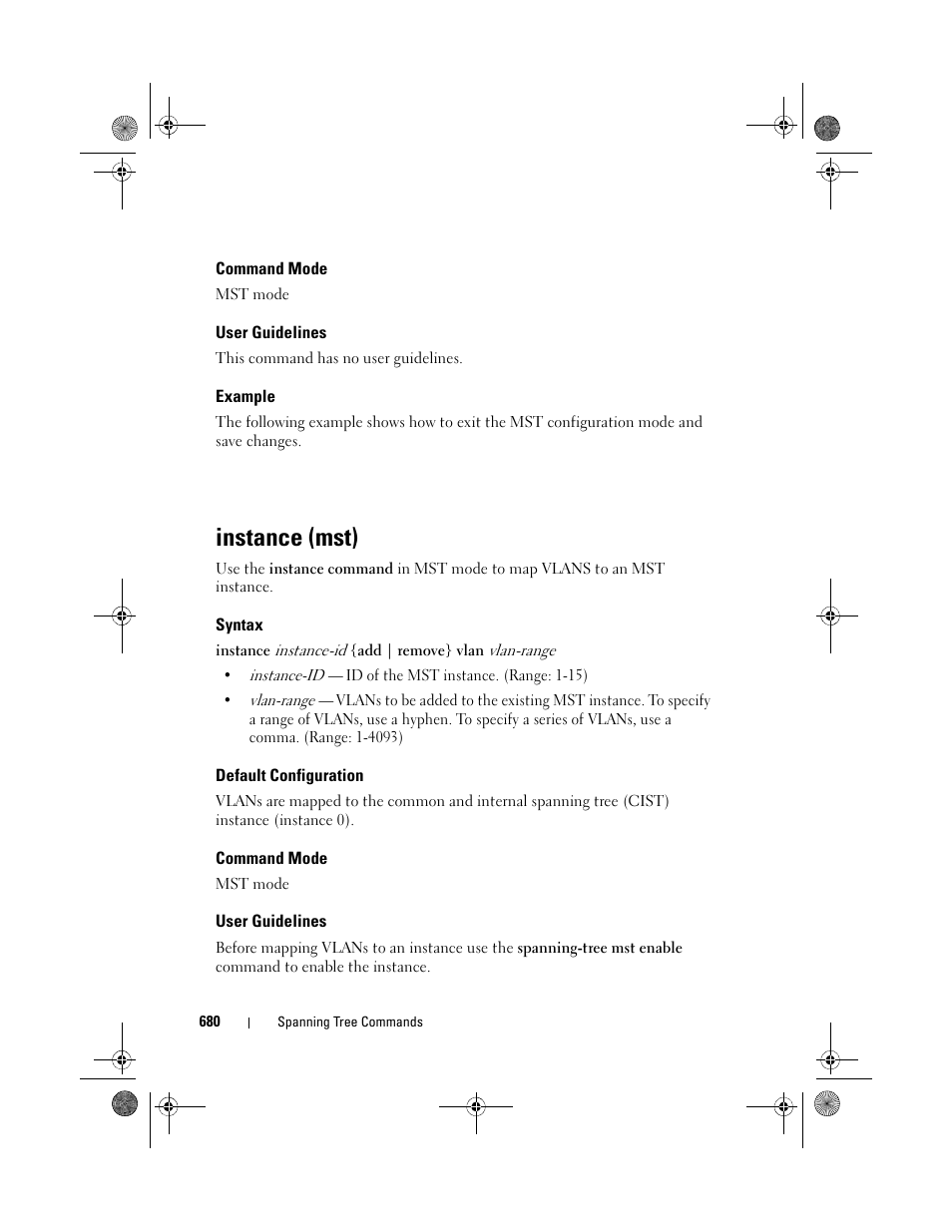 Command mode, User guidelines, Example | Instance (mst), Syntax, Default configuration | Dell POWEREDGE M1000E User Manual | Page 680 / 1682