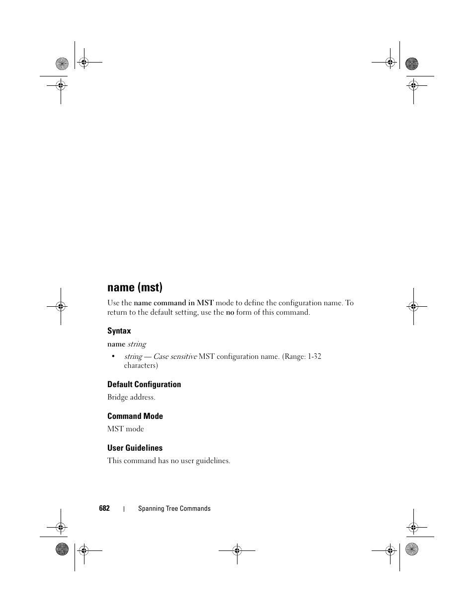 Name (mst), Syntax, Default configuration | Command mode, User guidelines | Dell POWEREDGE M1000E User Manual | Page 682 / 1682