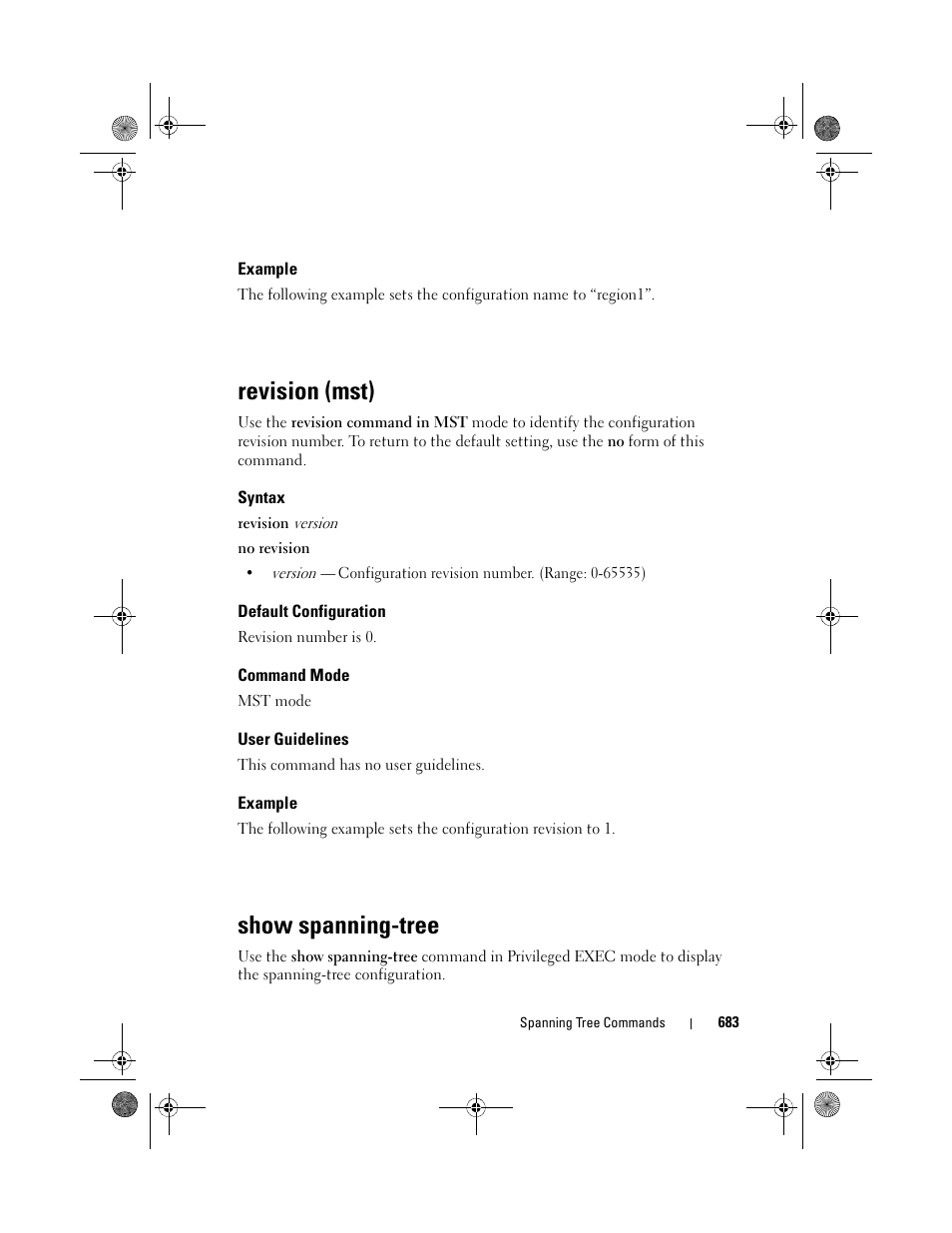 Example, Revision (mst), Syntax | Default configuration, Command mode, User guidelines, Show spanning-tree | Dell POWEREDGE M1000E User Manual | Page 683 / 1682