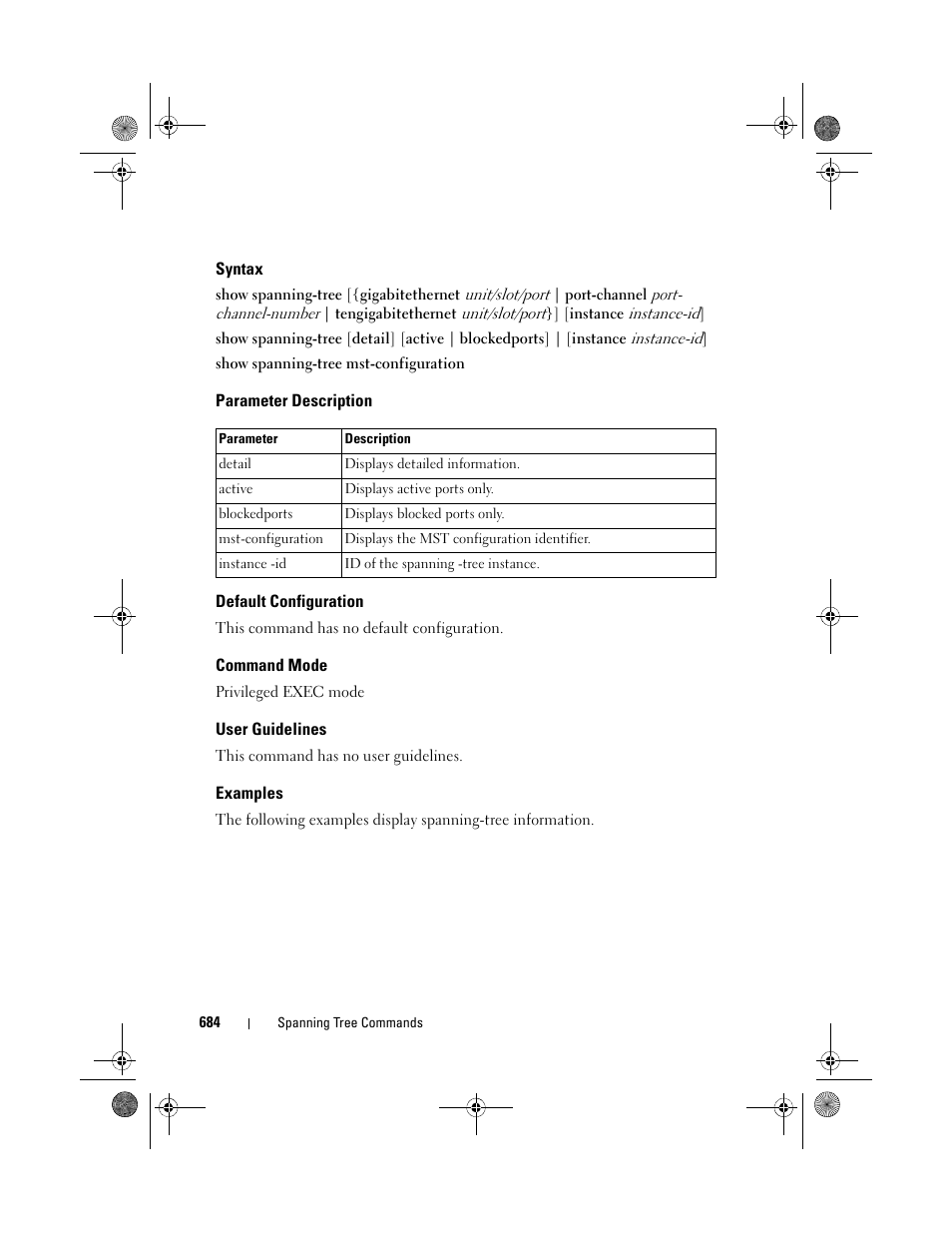 Syntax, Parameter description, Default configuration | Command mode, User guidelines, Examples | Dell POWEREDGE M1000E User Manual | Page 684 / 1682