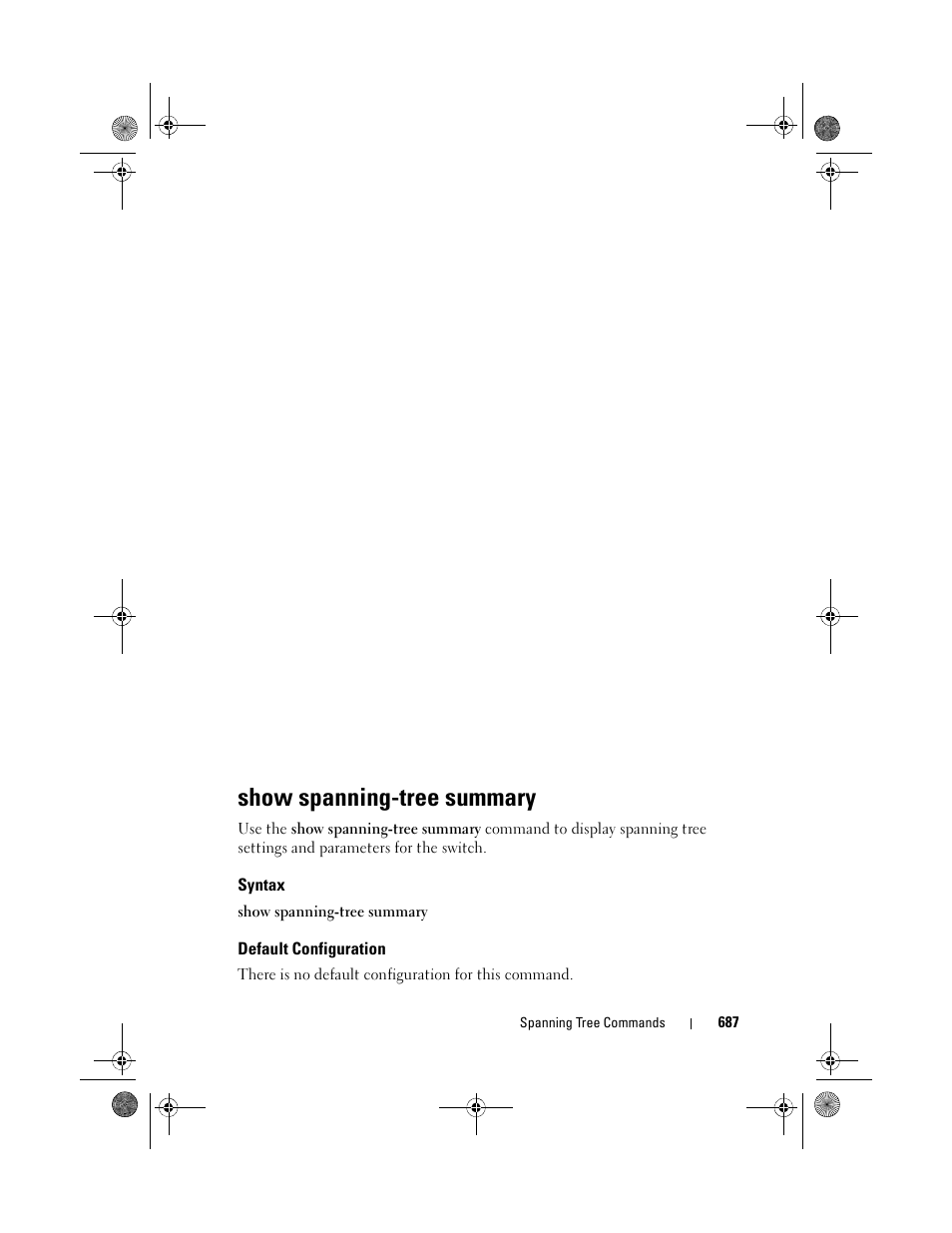 Show spanning-tree summary, Syntax, Default configuration | Show spanning-tree, Summary | Dell POWEREDGE M1000E User Manual | Page 687 / 1682