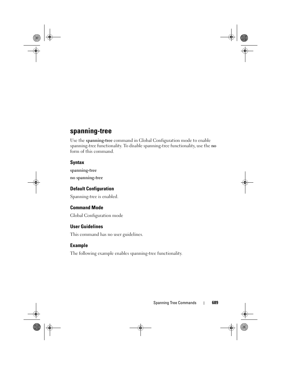 Spanning-tree, Syntax, Default configuration | Command mode, User guidelines, Example | Dell POWEREDGE M1000E User Manual | Page 689 / 1682