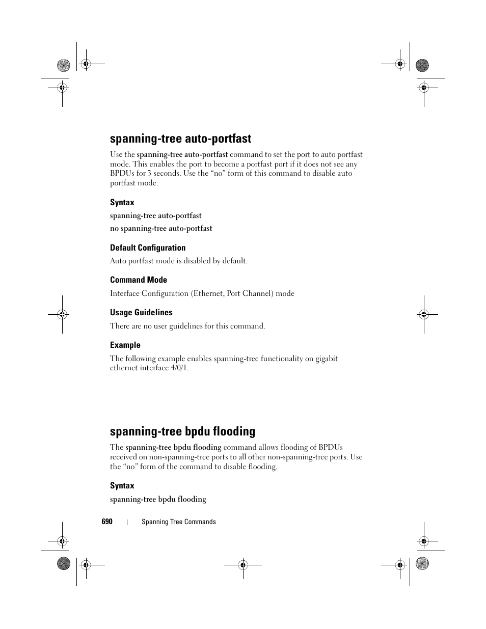 Spanning-tree auto-portfast, Syntax, Default configuration | Command mode, Usage guidelines, Example, Spanning-tree bpdu flooding, Spanning-tree, Auto-portfast, Spanning-tree bpdu | Dell POWEREDGE M1000E User Manual | Page 690 / 1682