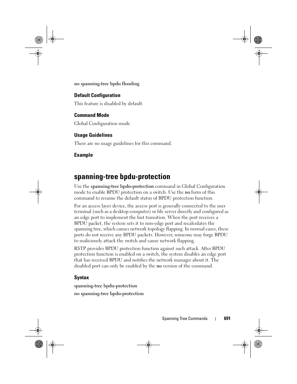 Default configuration, Command mode, Usage guidelines | Example, Spanning-tree bpdu-protection, Syntax, Spanning-tree, Bpdu-protection | Dell POWEREDGE M1000E User Manual | Page 691 / 1682