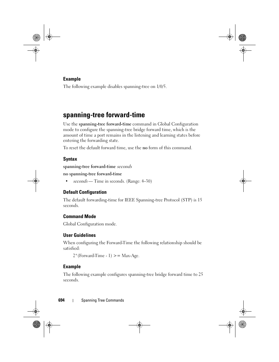 Example, Spanning-tree forward-time, Syntax | Default configuration, Command mode, User guidelines, Spanning-tree, Forward-time | Dell POWEREDGE M1000E User Manual | Page 694 / 1682