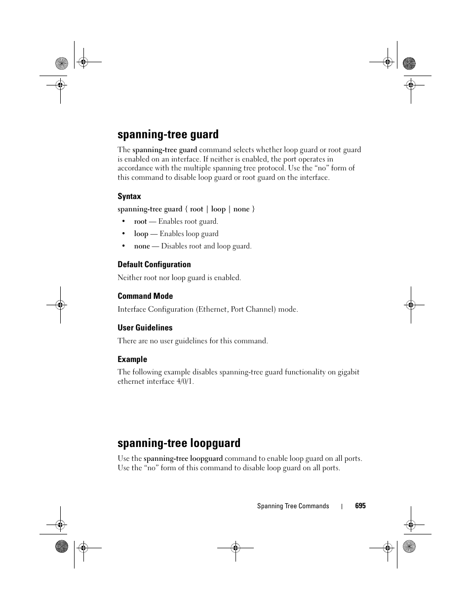 Spanning-tree guard, Syntax, Default configuration | Command mode, User guidelines, Example, Spanning-tree loopguard, Spanning-tree, Guard, Loopguard | Dell POWEREDGE M1000E User Manual | Page 695 / 1682