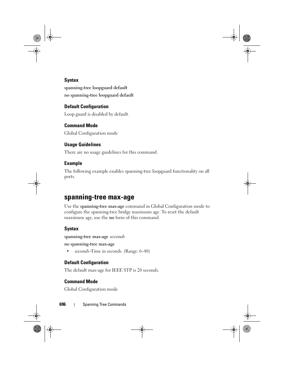 Syntax, Default configuration, Command mode | Usage guidelines, Example, Spanning-tree max-age, Spanning-tree max | Dell POWEREDGE M1000E User Manual | Page 696 / 1682