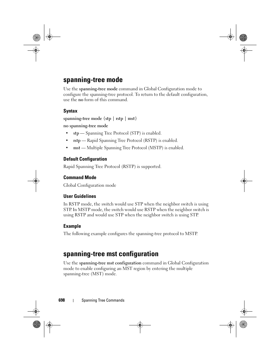 Spanning-tree mode, Syntax, Default configuration | Command mode, User guidelines, Example, Spanning-tree mst configuration, Spanning-tree, Mode, Spanning-tree mst | Dell POWEREDGE M1000E User Manual | Page 698 / 1682