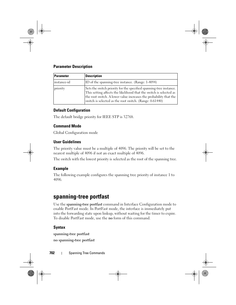 Parameter description, Default configuration, Command mode | User guidelines, Example, Spanning-tree portfast, Syntax, Spanning-tree, Portfast | Dell POWEREDGE M1000E User Manual | Page 702 / 1682