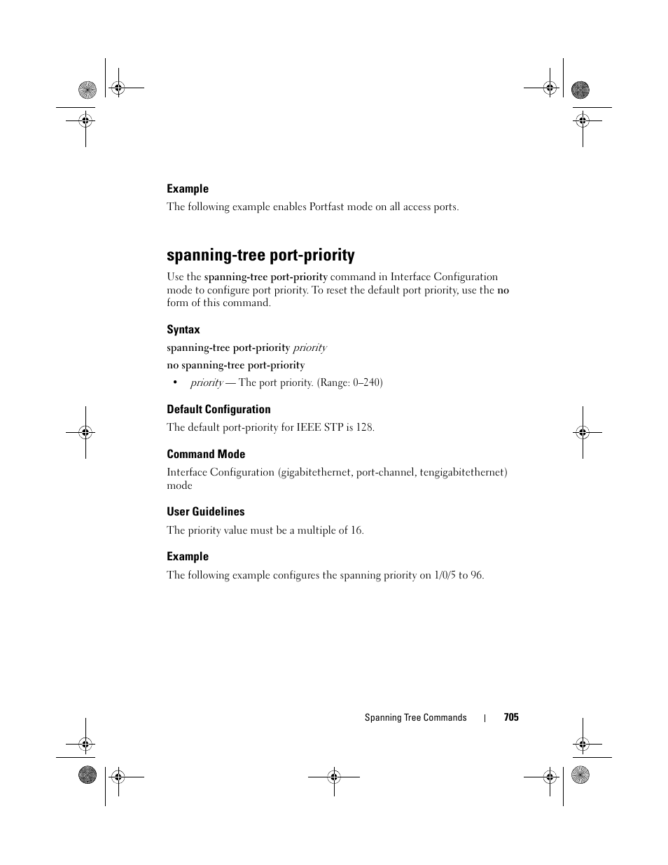 Example, Spanning-tree port-priority, Syntax | Default configuration, Command mode, User guidelines, Spanning-tree port, Priority | Dell POWEREDGE M1000E User Manual | Page 705 / 1682