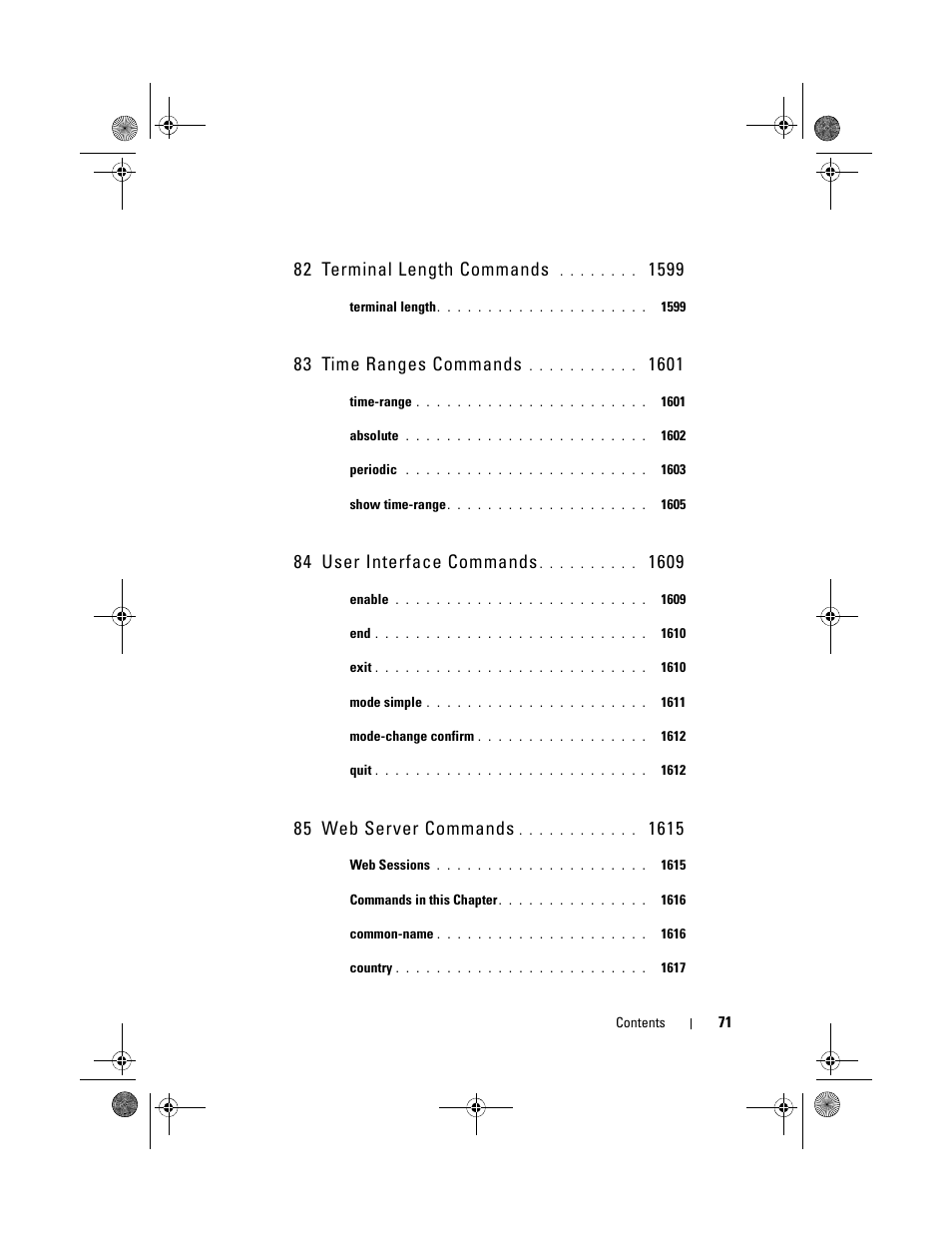 82 terminal length commands, 83 time ranges commands, 84 user interface commands | 85 web server commands | Dell POWEREDGE M1000E User Manual | Page 71 / 1682