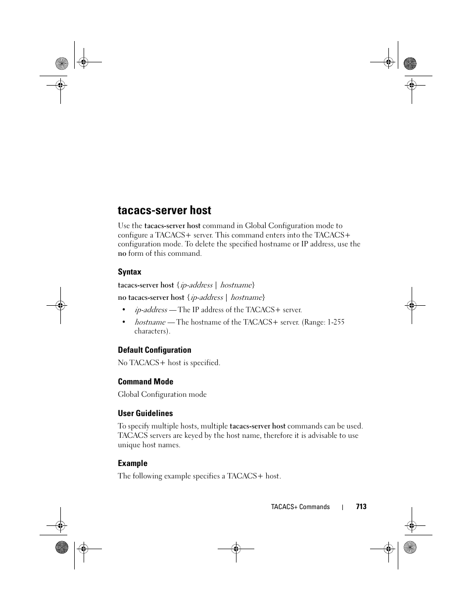 Tacacs-server host, Syntax, Default configuration | Command mode, User guidelines, Example | Dell POWEREDGE M1000E User Manual | Page 713 / 1682