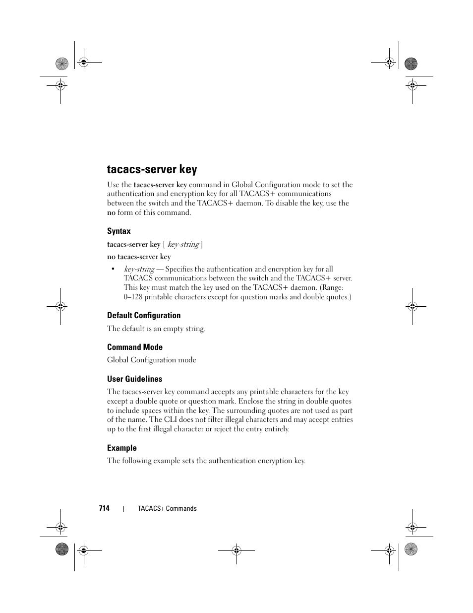 Tacacs-server key, Syntax, Default configuration | Command mode, User guidelines, Example | Dell POWEREDGE M1000E User Manual | Page 714 / 1682
